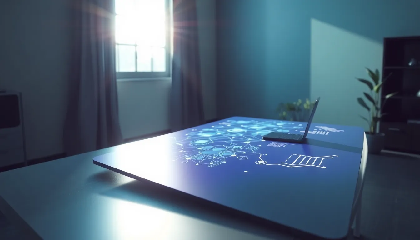 AI 프로세서와 다양한 스마트 기기들이 연결된 미래 기술 환경