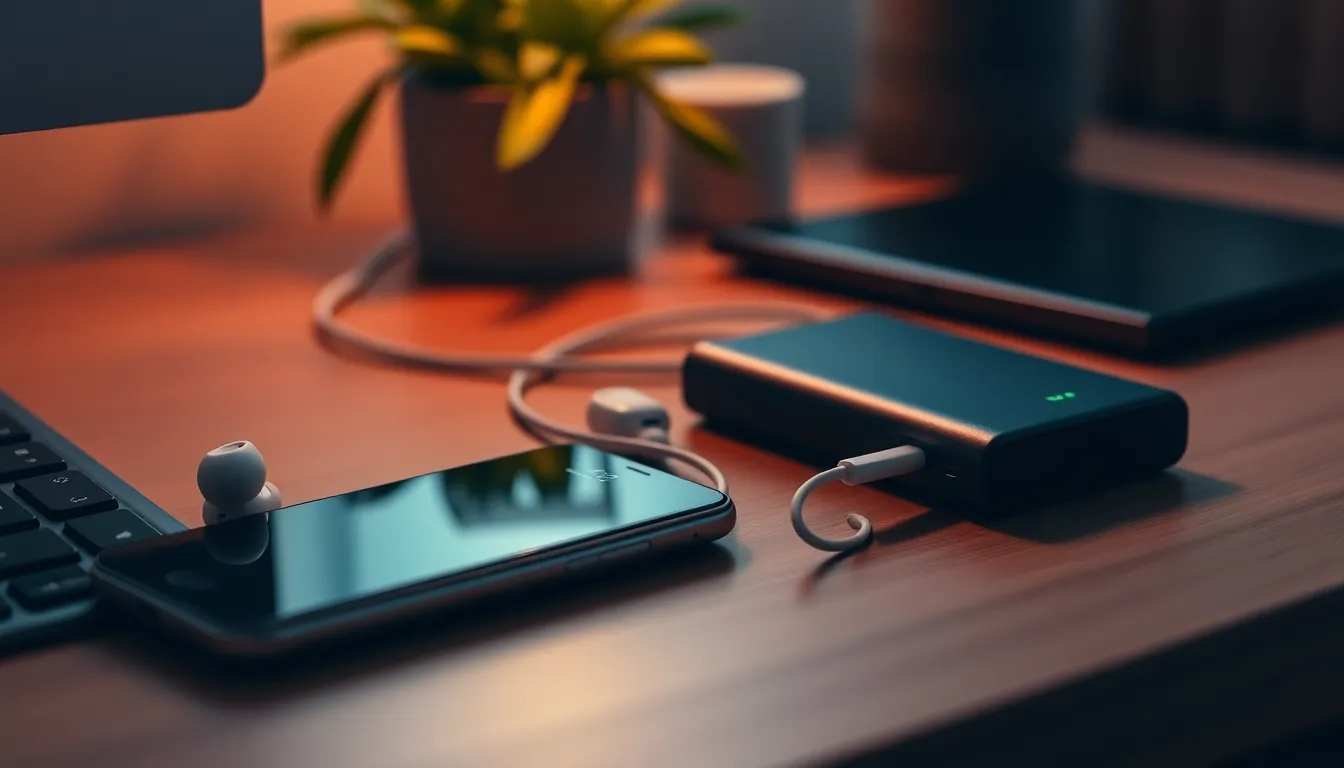 보조배터리와 다양한 전자기기들이 함께 있는 이미지